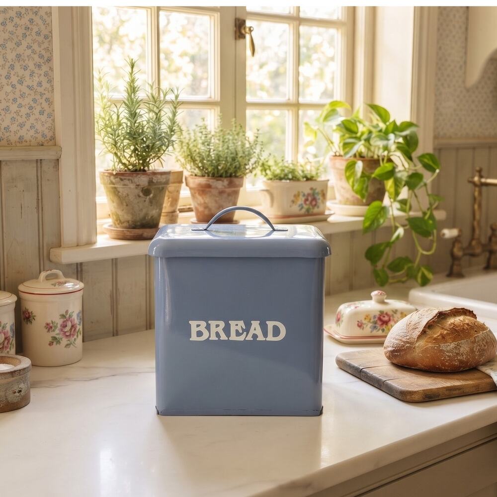 Periwinkle Blue Enamel Metal Bread Box Farmhouse Kitchen Storage Bin with Lid